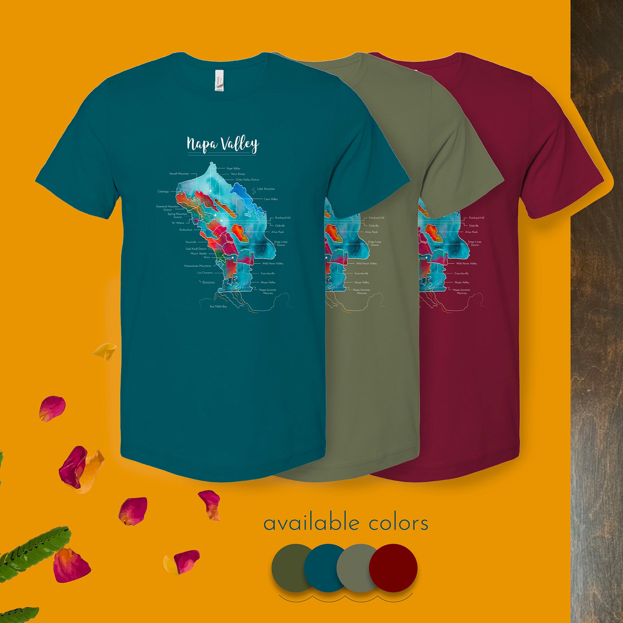 T-shirts with Napa Valley map in different colors