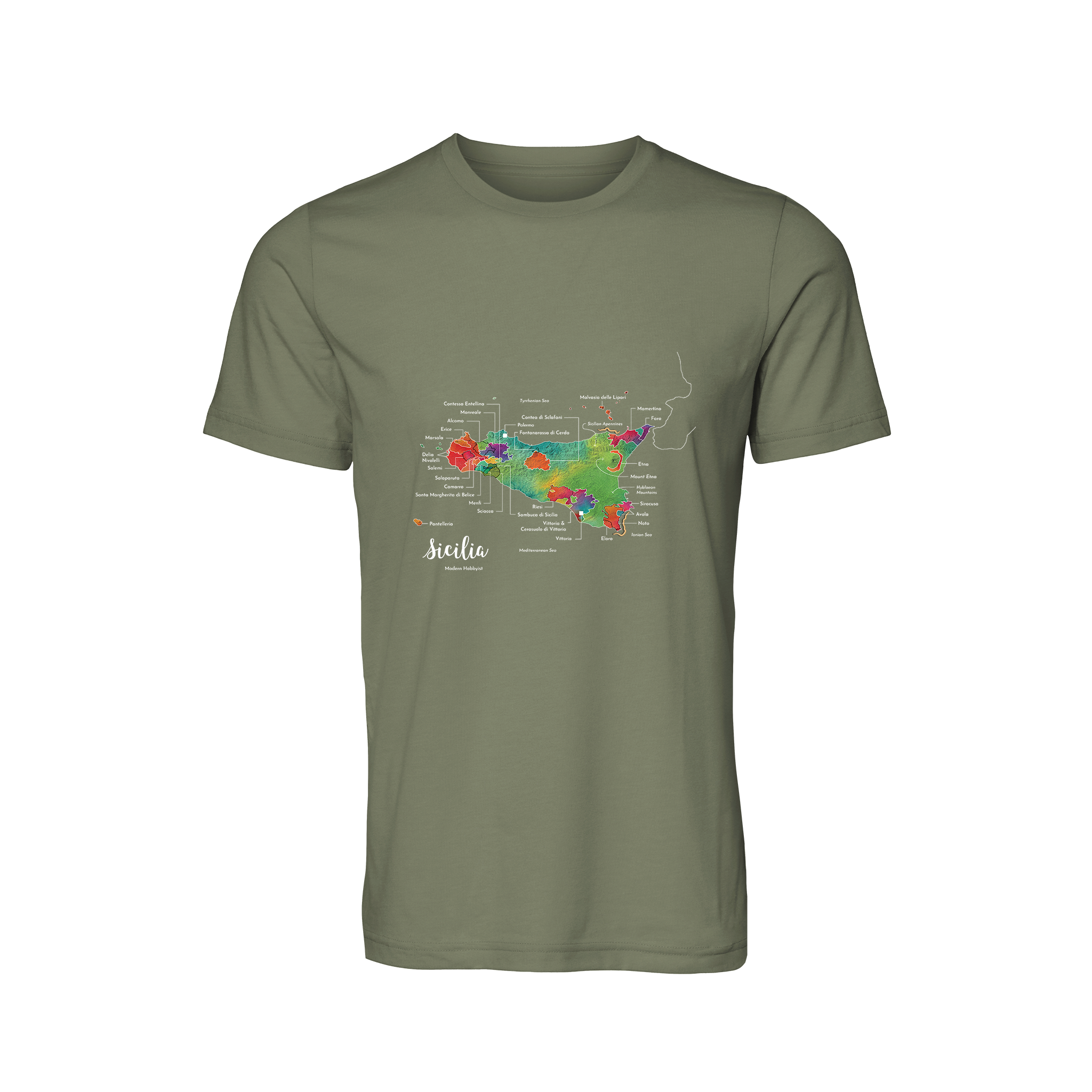 A t-shirt featuring a colorful map of Sicily with artistic watercolor details.