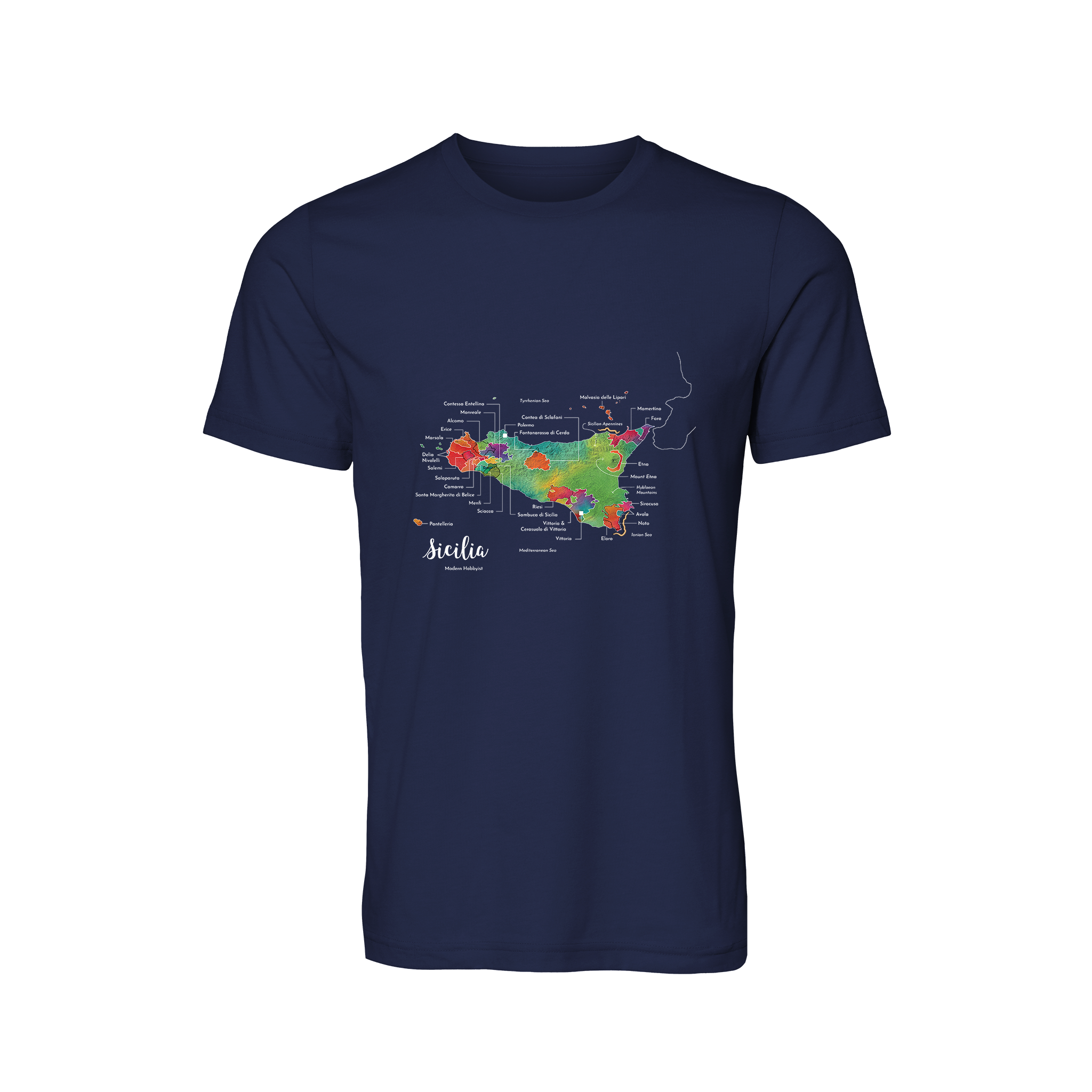 A navy t-shirt featuring a colorful map of Sicily with artistic watercolor details.