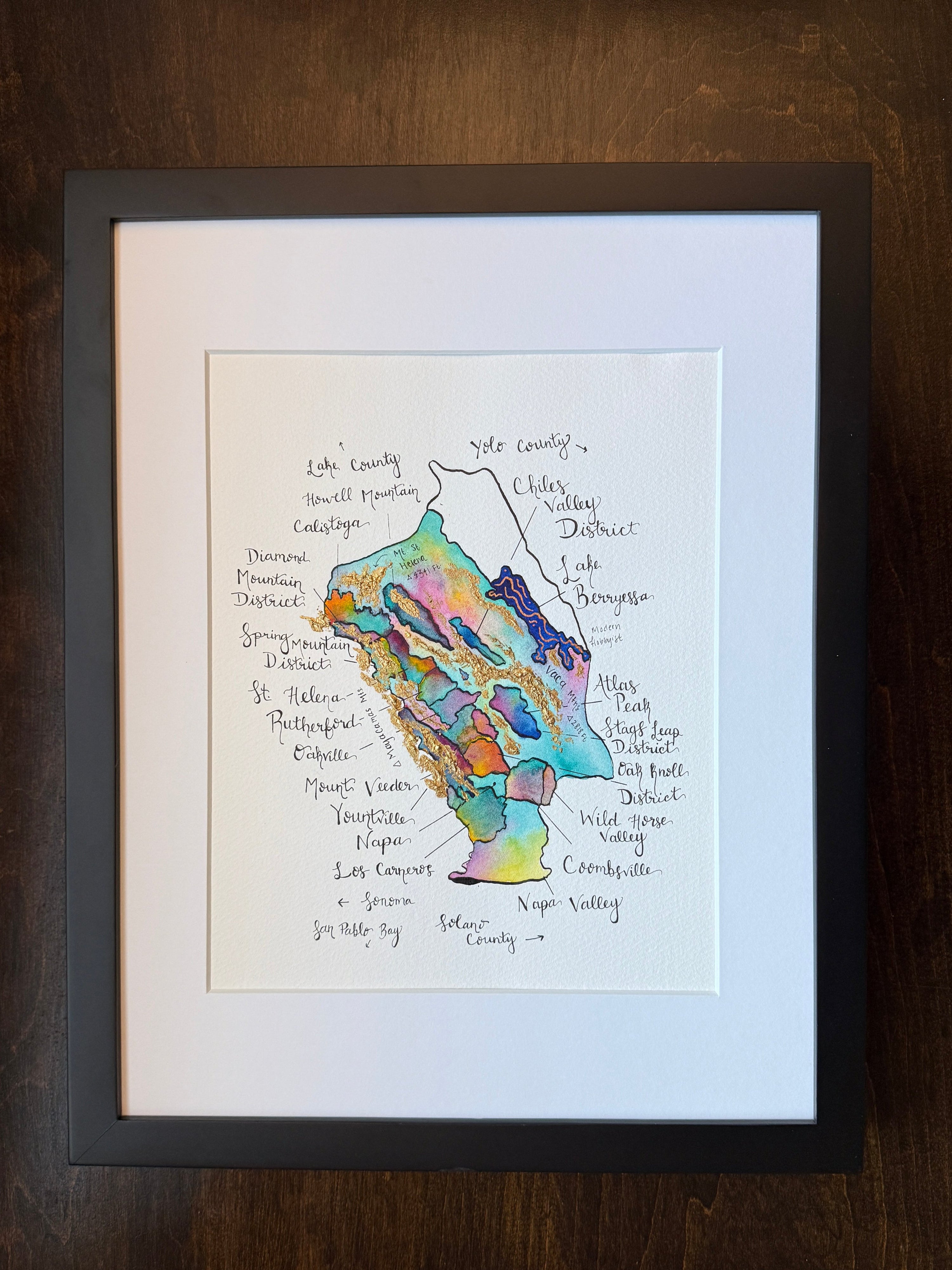 original wine map of napa valley in watercolor with caligraphy.
